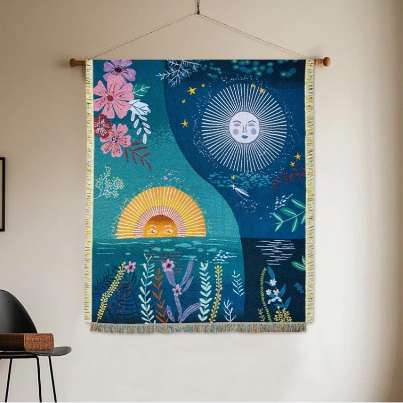 Boho Throw Blanket Fringe - Tapisserie murale tissée soleil et lune,